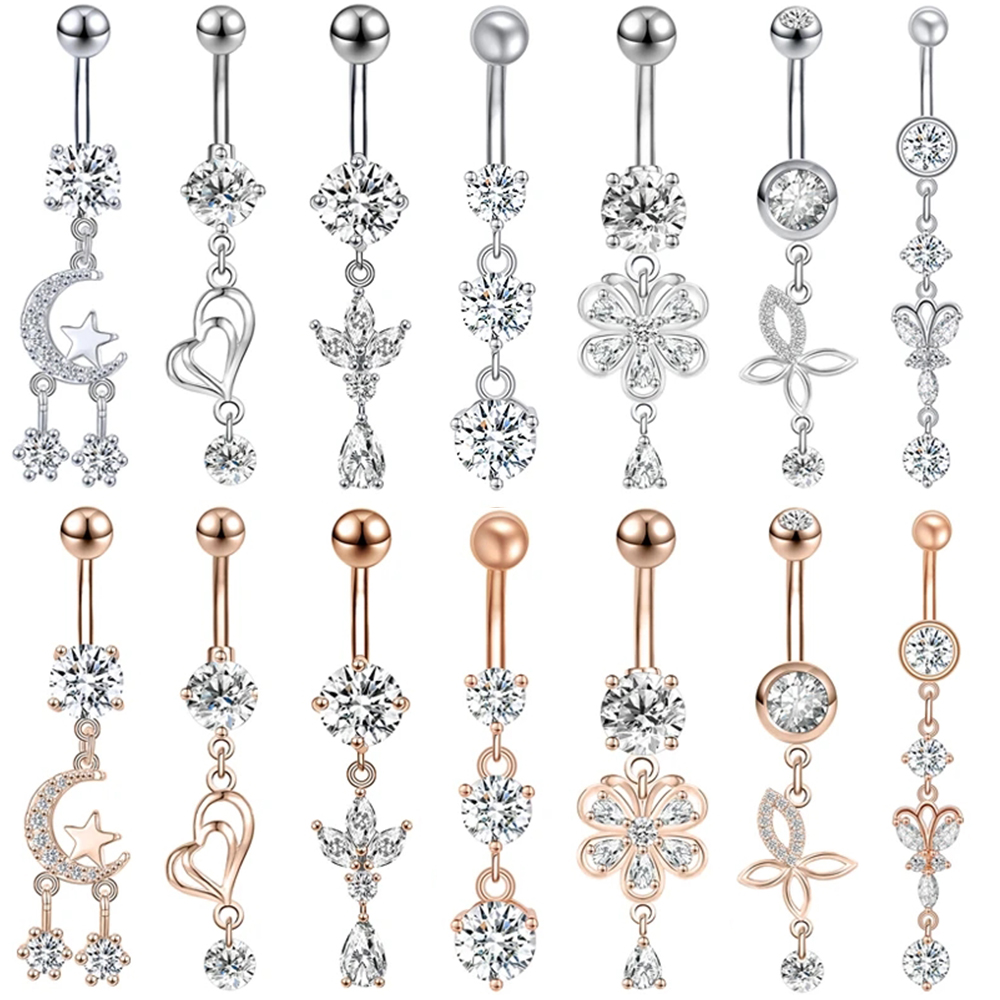 ZS 14G 1PC Zircon Flower Belly - Body Jewelry Real Gold 评论和价格